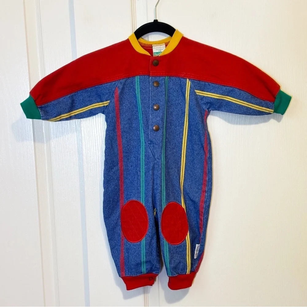 Healthtex Vintage 90s Denim Romper Primary Colors Snap Front Unisex 12 Months